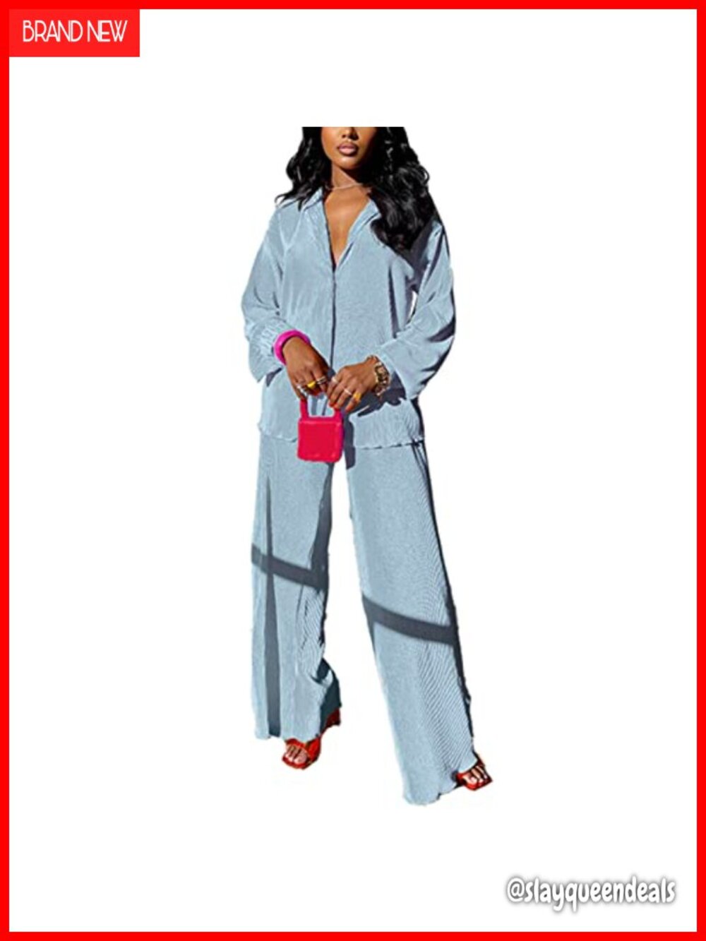 2 Piece Outfit Plisse Shirt & Wide Leg Pants Set